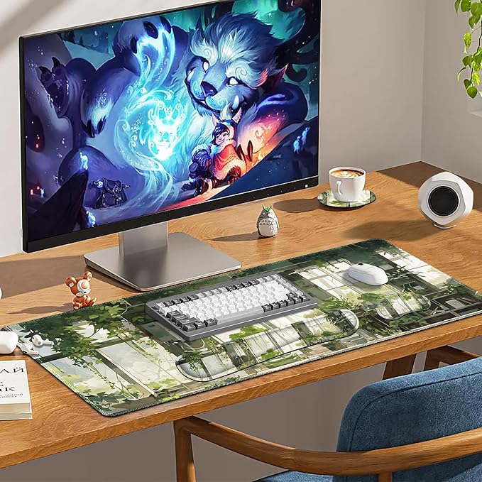 Large Mouse Pad and Keyboard Wrist Rest, Extended Mouse Pad with Wrist Support Ergonomic, Non-Slip Desk Mat, Desk Protector Blotter for Home Office, Window Green Plants