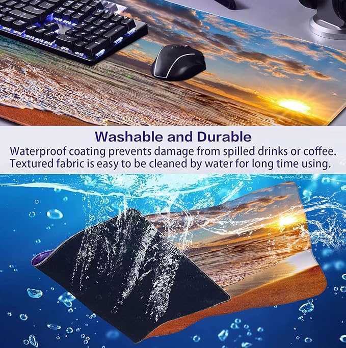 Large Extended Gaming Mouse Pad with Stitched Edges, Non-Slip Waterproof Rubber Base Mouse Pad for Office, Computer, Keyboard, Laptop and Home Desk Pad 35.4 x 15.7 x 0.12 Inch (Beach at Sunset)