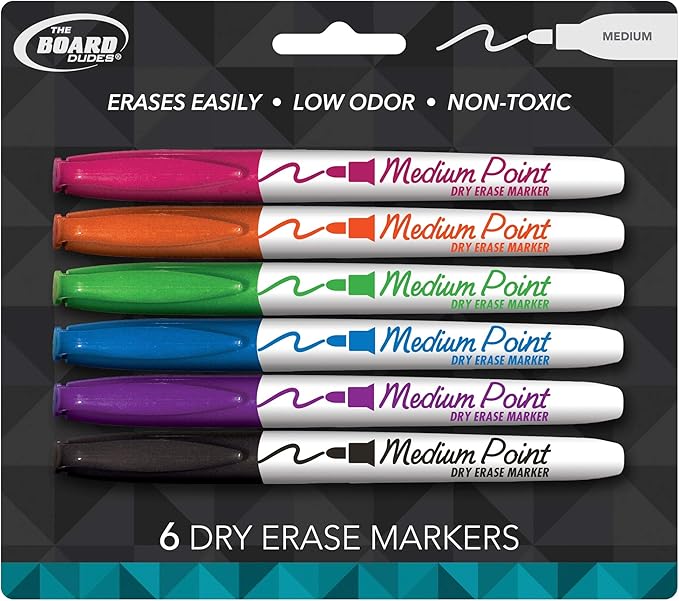 Board Dudes DDN73 SRX Medium Point Dry Erase Markers, Assorted Colors, 6 Count