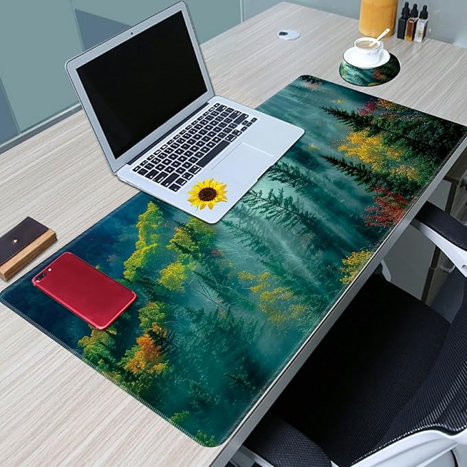 Desk Mat Large Gaming Mouse Pad (31.5x11.8 inch) with Stitched Edges, XL Mouse Pad +Coaster, Extended Mouse Mat Keybroad Mousepad Non-Slip Rubber for Gamer Men Women, Landscape Nature Forest