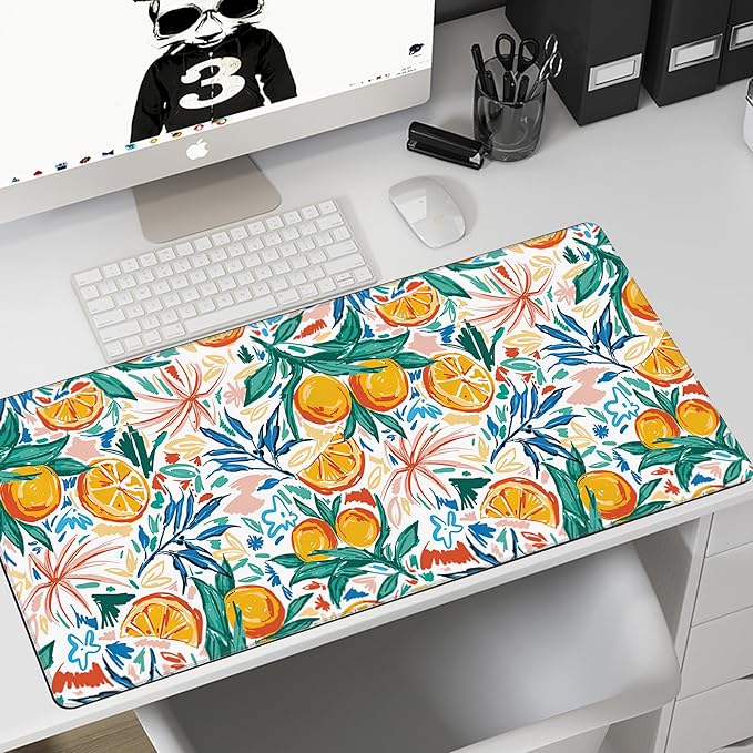 MIOAOSRT Desk Mat,Colorful of Summer Fruits Orange and Leaves Gaming Mouse Pad,XXL Extended Mouse Pad Mat for Office,Computer,Keyboard with Non-Slip Base Stitched Eges Mousepad 35.4x15.75 inch