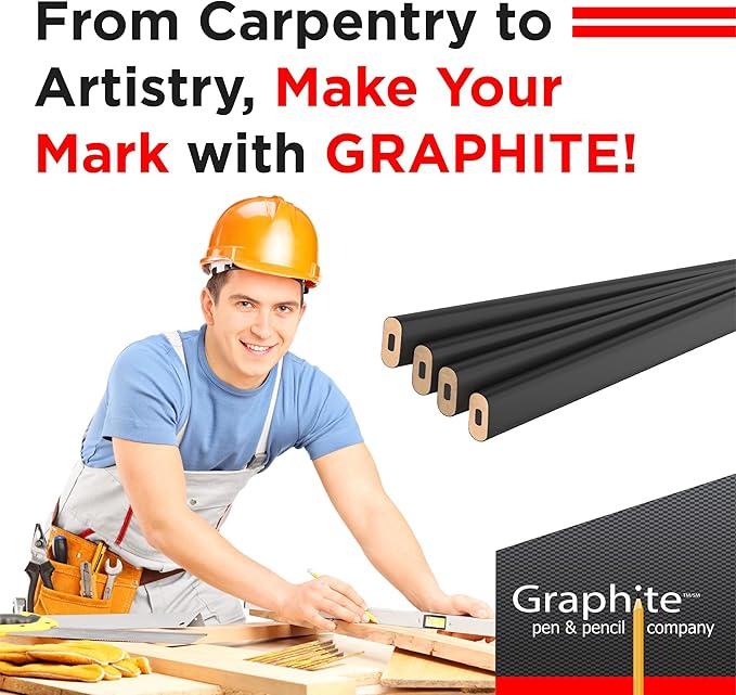 GRAPHITE Hard Lead Carpenter Pencils Bulk - (1) Pack of 12 Pieces Lumber Wooden Pencil #2 (HB) - Black