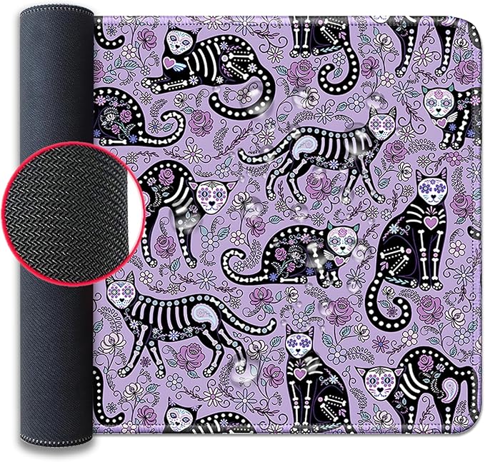 Gothic Cat Skeleton Flowers Mouse Pad,Extended Cat and Floral Mousepad Desk Pad with Stitched Edges,Non-Slip Waterproof Rubber Base Mouse Mat for Office Computer Keyboard Laptop Home(27.5x11.8 in)