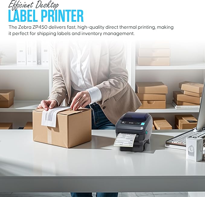 ZP450 Zebra Direct Thermal Label Barcode Printer -1 Year Warranty - with USB 2.0 Cable & 3 Prong Cord - USB, Serial and Parallel Connectivity 203 DPI