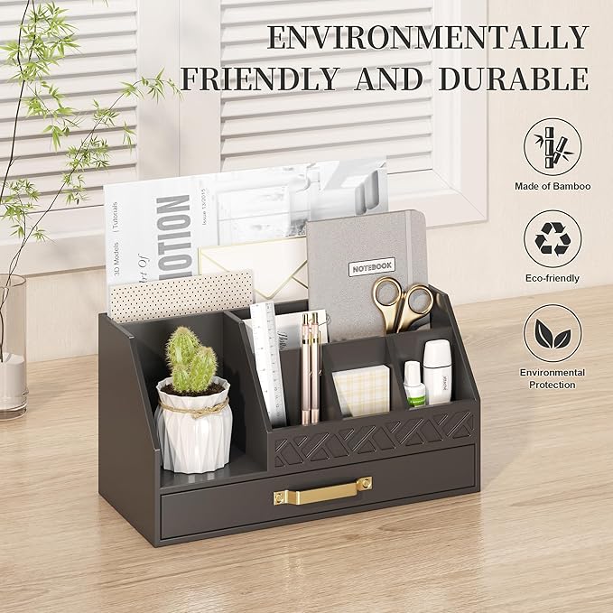 Bamboo Desk Organizer with Drawers, Mail Organizer Countertop Wood Desk Drawer Tabletop Storage Organization Pen Holder Letter Sorter Makeup Organizer for School Home Office (Black)