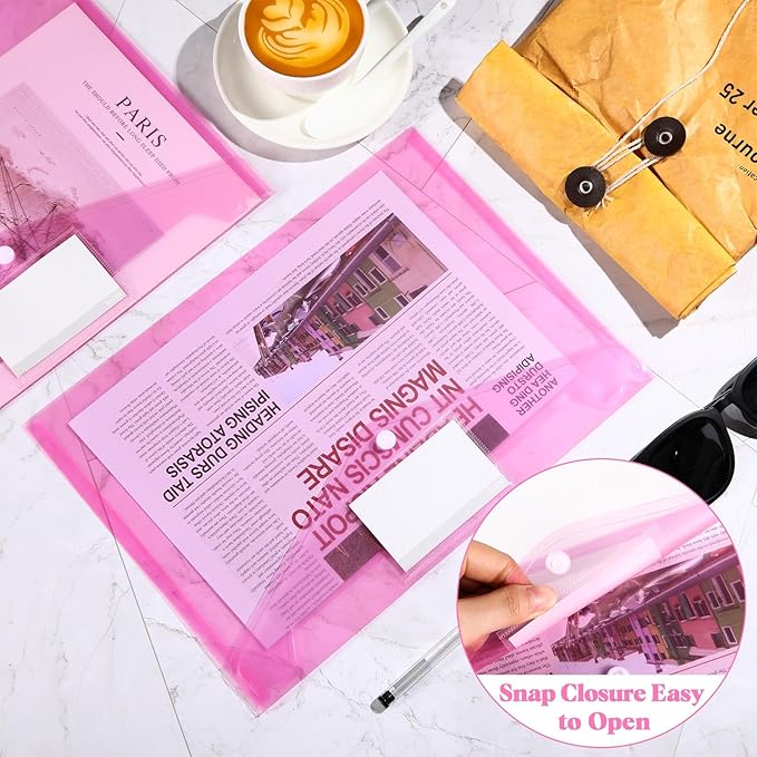 Lincia 24 Pcs Plastic Envelopes A4 Size Poly Envelopes File Folders Work Document Holder Office Paper Plastic File Organizer with Label Pocket Snap Button Home Bag for School (Rose Red)