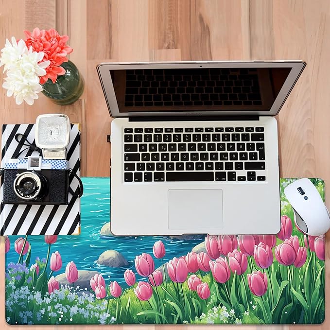 Large Mouse Pad Blooming Tulips Gaming Desk Pad Computer Keyboard Non-Slip Waterproof Mouse Mat with Rubber Base and Stitched Edges Entertainment Office Writing Desk Mat 35.4 x 15.7 Inches