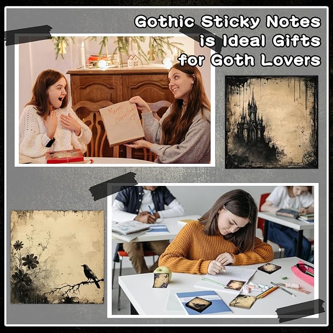 ZCPTZ 9 Pcs Gothic Style Notepads 3" x 3" Self-adhesive Goth Note Pads Memo for Office Work School Home Halloween Decor Supplies- 450 Sheets Reusable Gothic Sticky Notes