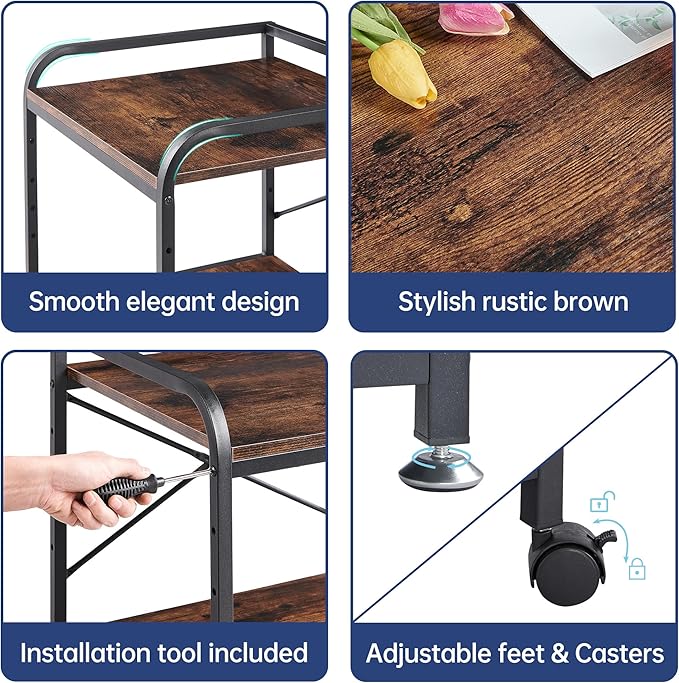 Under Desk Printer Stand, 20 Inches Deep Large Printer Table with Height Adjustable Storage Shelf, 2 Tier Rolling Printer Cart with Wheels for Home Office - Rustic Brown