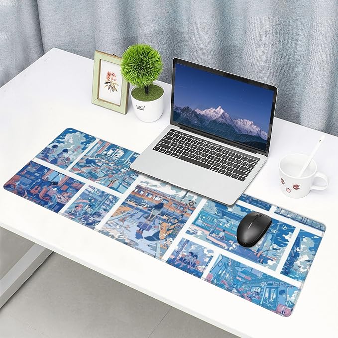 Anime Style Youth Campus Large Mouse Pad, Blue Fantasy Gaming Desk Mat, XL Keyboard Desk Pad Mat for Desktop, 31.5"x11.8" Non-Slip Base Big Mousepad with Stitched Edges