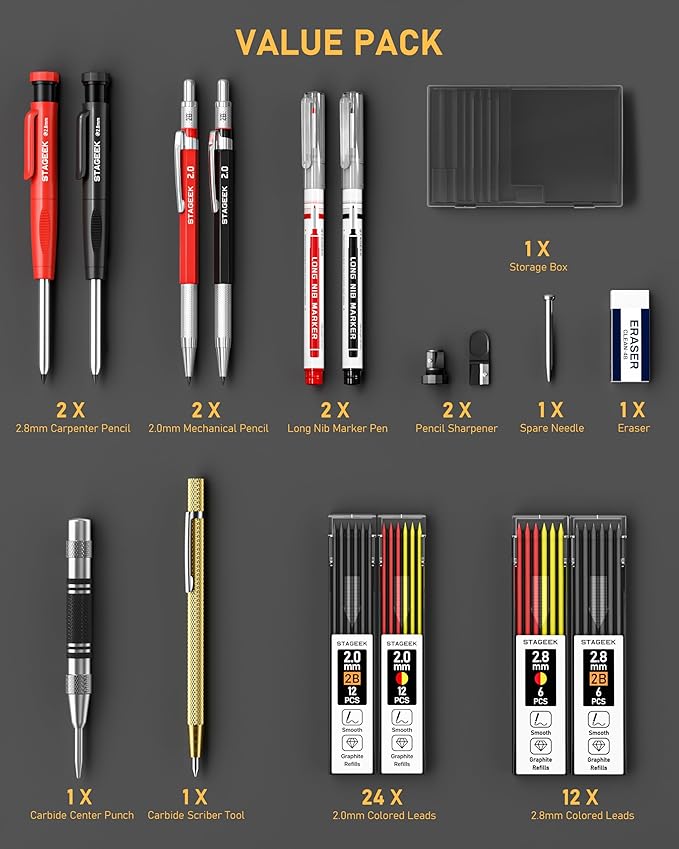 17 Pack Carpenter Pencil Set with Sharpener, Mechanical Carpenter Pencils with 60 Refills, Deep Hole Long-Nib Marker Pens, Carbide Scribe Tool & Construction Pencils for Architect with Case