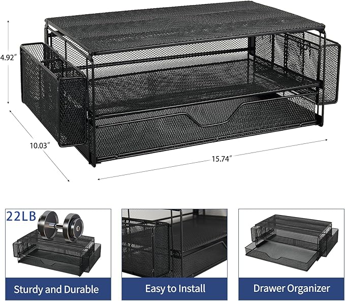 AUPSEN 2 Tier Computer Monitor Stands with Drawer and 2 Pencil Holder, Metal Monitor Stand Monitor riser, Computer Desk Organizer and Accessories for Laptop, Computer, Printer, Office Supplies(Black)