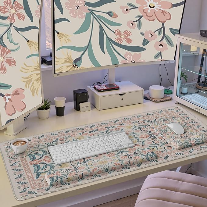 iCasso Mouse Pad with Wrist Rest,Large Desk Mat Set,Ergonomic Keyboard Pad with Wrist Support,Non-Slip Mouse Mat for Women,Cute Floral Computer Mat for Home Office Gaming (Pink Floral)