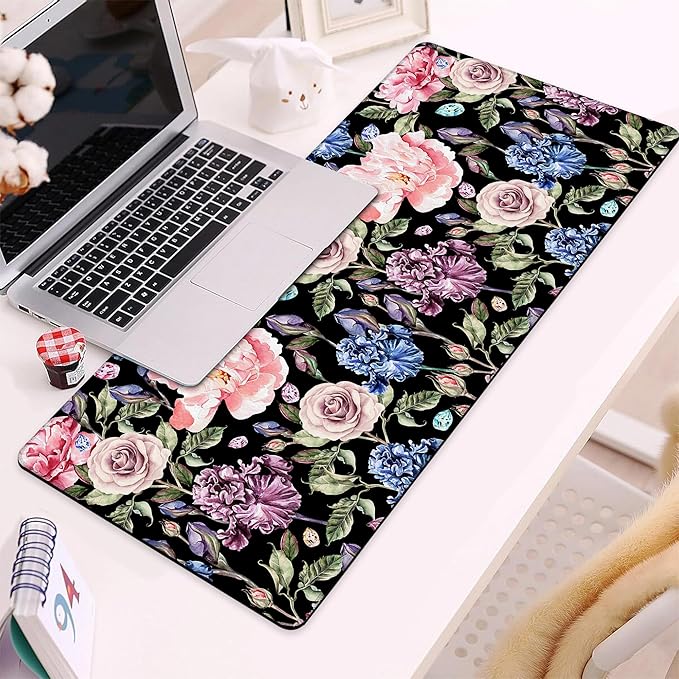 Gaming Mouse Pad, Watercolor Rose Peony and Iris Flower Large Desk Mat for Keyboard and Mouse,Non-Slip Rubber Base and Stitched Edges Desk Pad for Home Office 35.4x15.7in