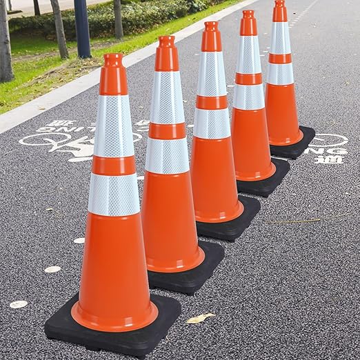 Fluorescent Orange PVC Traffic Cones, Heavy-Duty Black Base Garage Parking Lot Cone Structurally Stable Weatherproof Road Construction Safety Cones (4, Orange, 28" Large)