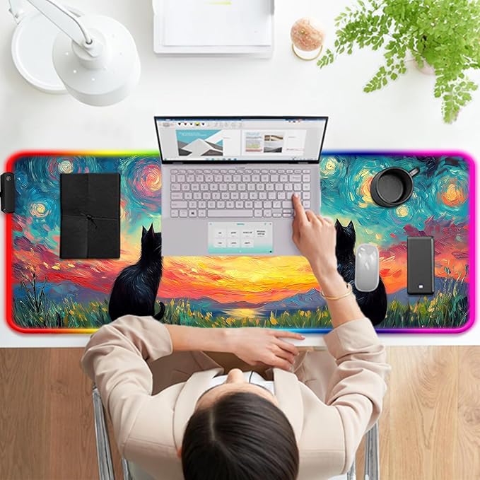 RGB Cute Black Cat Fantasy Starry Night Gaming Desk Mat, Computer Keyboard Large Extended Long Animal LED Mouse Pad for Office and Home, XL (W03)