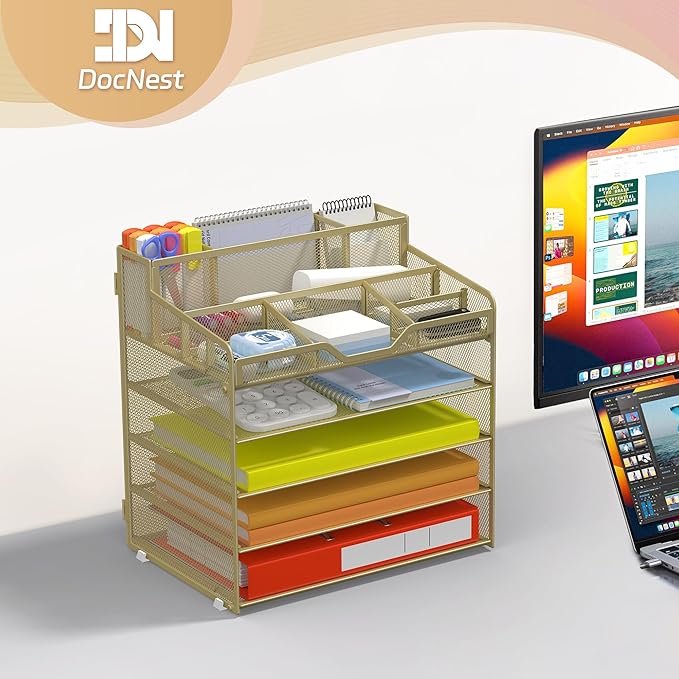Docnest 5 Tier Mesh Desk Organizer for Paper Office Supplies – Multi-Functional Letter Tray with 5 Adjustable Compartments, 3 Pen Holders, Desktop Storage for Files, Mail, Stationery – Gold Yellow