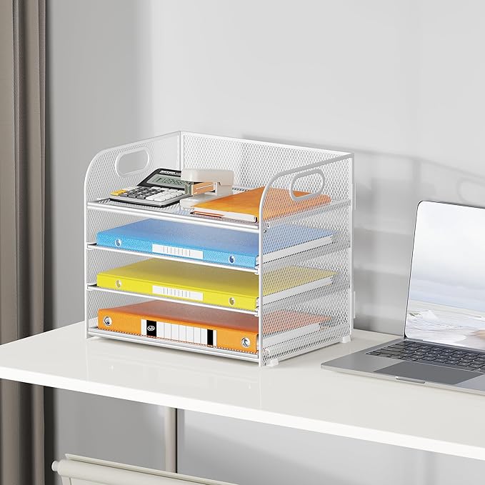 Lavatino Paper Organizer for Desk, 4-Tier Desk Organizer Tray, Mesh Desktop File Organizers with Handle, Office Classroom Organization and Storage-White