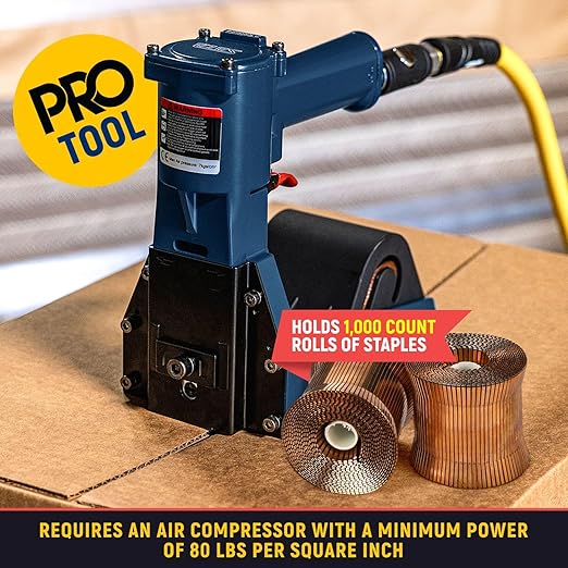 IDL Packaging RAIN-19-RR Heavy-Duty Pneumatic Staple Gun for 1 1/4" (32 mm) Crown Staples - Heavy-Duty Air Powered Roll-Feed Stapler - Professional Air Pressure Staple Gun for Fast Box Closing