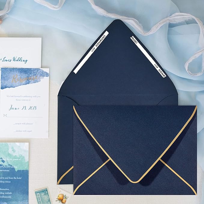 A6 Navy Envelopes With Gold Border, 4x6 Envelopes 50 Pack -Quick Self Seal, For 4x6 Cards|Perfect for Weddings, Invitations, Photos, Baby Shower| 6.5 x 4.75 Inches (Noble blue)