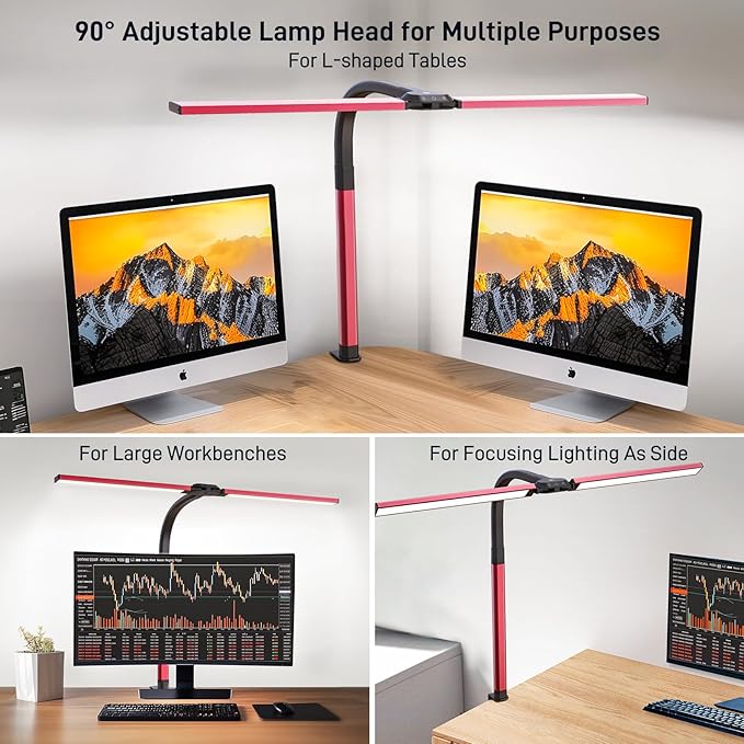 LED Desk Lamp for Home Office, Eye-Caring Desk Light with Clamp, 24W Double Head Architect Task Lamp Stepless Dimming, Flexible Gooseneck Bright Table Lamp for Study Reading Workbench Drafting Red