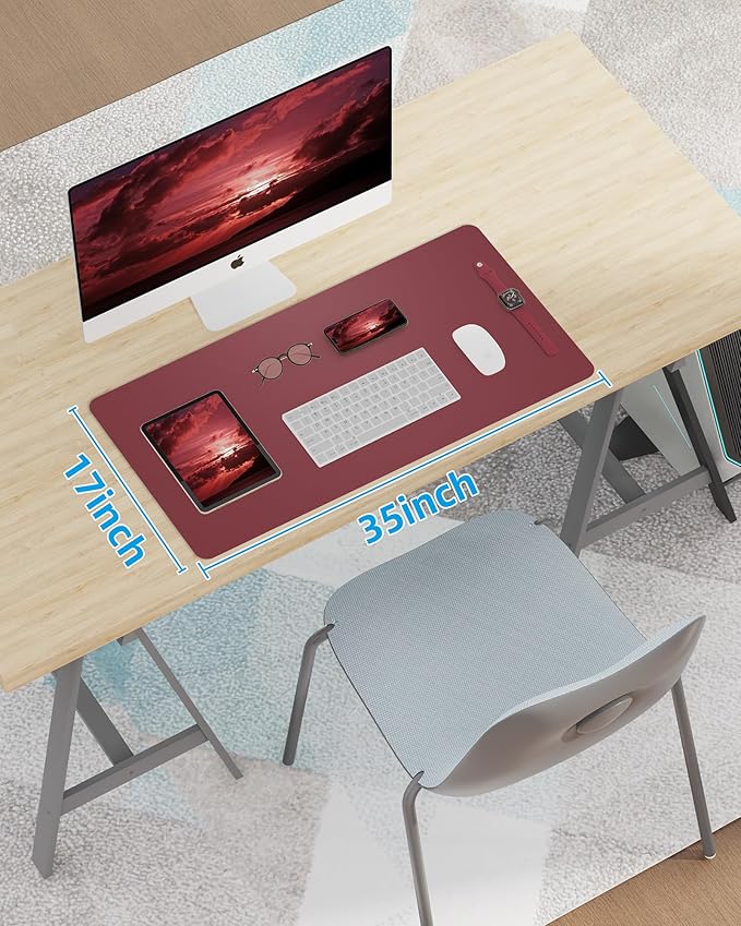 Leather Desk Pad Protector,Mouse Pad,Office Desk Mat, Non-Slip PU Leather Desk Blotter,Large Desk mat,Waterproof Keyboard mat for Office/Home/Decor (Burgundy Red,35" x 17")