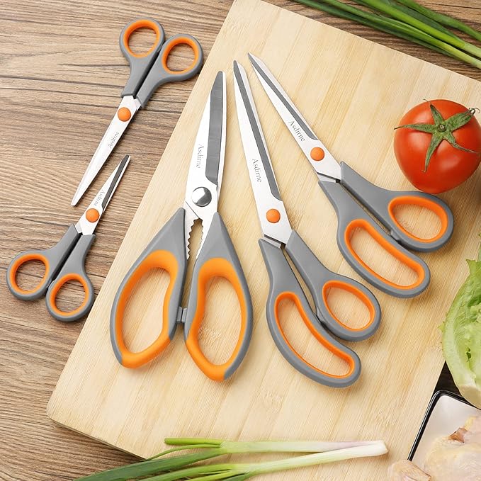 Kitchen Scissors Set, Knife-Grade Stainless Steel, TPR Comfortable Handle All Purpose Scissors, Include One Poultry Shears and Four Different Sizes of Cooking Scissors, Perfect Kitchen Partner