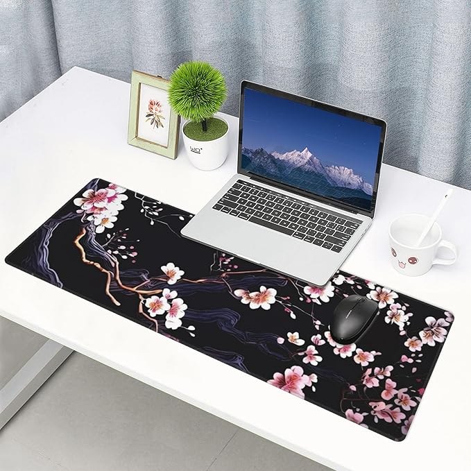 Plum Blossom and Moon Large Mouse Pad, Japanese Flowers Gaming Desk Mat, XL Keyboard Desk Pad Mat for Desktop, 31.5"x11.8" Non-Slip Base Big Mousepad with Stitched Edges