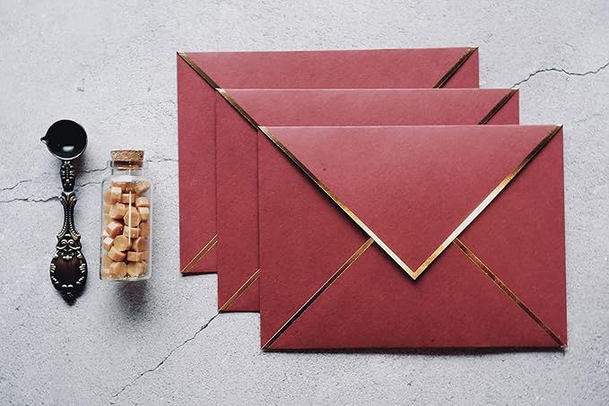 A7 Envelopes - V Flap Foil Border Luxury Mailing Envelopes for 5" x 7" Cards - for Wedding, Invitations, Baby Shower, Photos, Graduation, Birthday, Bridal Shower - 5.25" x 7.25" (Burgundy, 25 Pack)