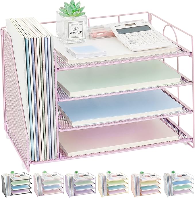 OPNCIE Desk Organizers and Accessories, 4 Tier Paper Letter Tray File Organizer, Office Organization Storage Desk Accessories Workspace Desktop Organizer for Classroom Office Supplies Decor, Pink