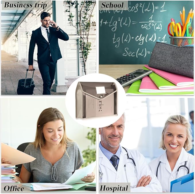 10 Pieces Plastic File Folders Envelope Expanding File Wallet Organizer Documents Folder with Snap Closure and Pocket, A4 Size Waterproof Transparent Pouch(Khaki,Horizontal)