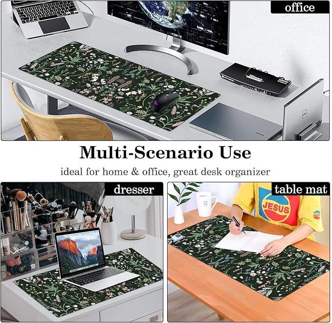 Wildflowers Desk Pad Protector, Stitched Edges Mouse Pad, Large Office Mat, Non-Slip Desk Blotter, Flower Laptop Pad, Floral Writing Pad for Office and Home (31.5" x 15.7")