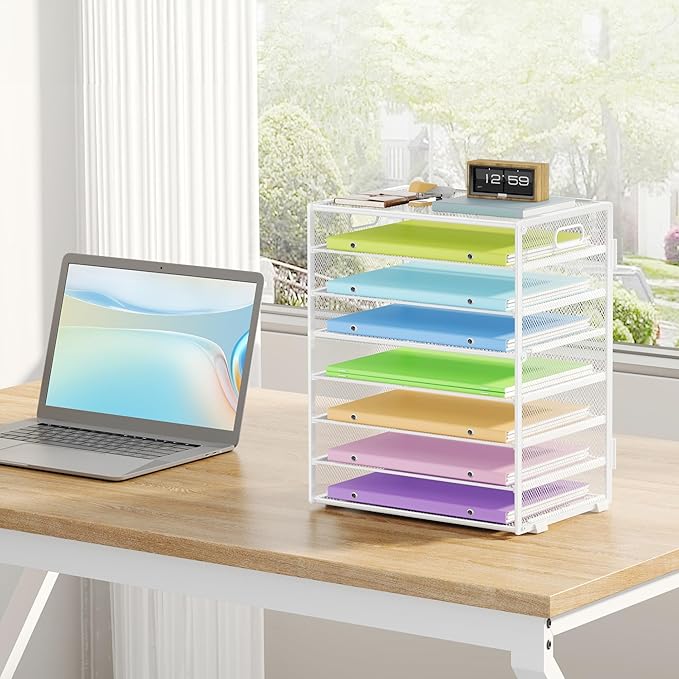 2 Pack 8 Tier Paper Organizer with Handle, Metal Mesh Desk File Organizer, Large Capacity Desk Organizers Paper Letter Tray Desktop Document Sorter for Office, Home or School - White