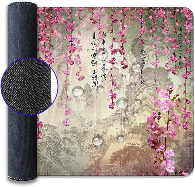 Mountains Flowers and Words Desk Pad Mouse Pad,Large Gaming Chinese Style Mouse Mat with Stitched Edges,Non-Slip Waterproof Rubber Base Mousepad for Office Work Home Desk Mat(27.5X11.8 in)