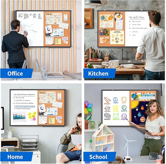 Magnetic White Board and Cork Board Combo, 36 x 24 inches Whiteboard Bulletin Combination Board, Wall Mounted Dry Erase Message Board for Home, School and Office