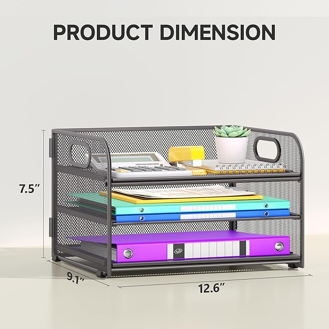 3 Tier Paper Organizer with Handle, Metal Desk Organizer Mesh Paper Letter Tray Desktop File Folder Document Sorter for Classroom, School, Office Accessories Organization and Storage - Grey