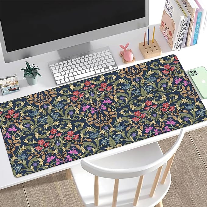 Desk Pad, Retro William Morris Floral XL Gaming Mouse Pad with Stitched Edges,Non-Slip Waterproof Rubber Base Large Desk Mat for Keyboard and Mouse 31.5"x11.8"