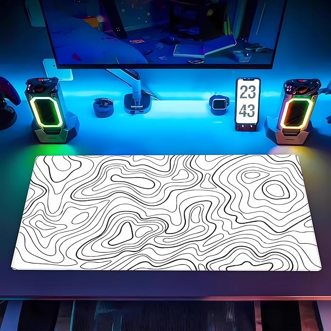 White Topographic Abstract Art Desk Mat - Large XL Gaming Mouse Pad with Stitched Edges, Full Desk Keyboard & Mouse Pad for PC, Laptop, Office Decor (31.5"x15.7")