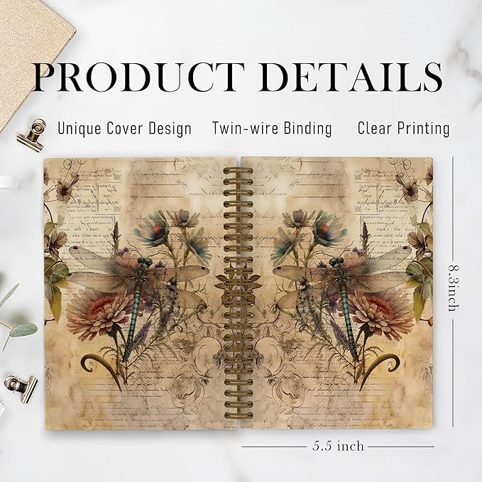 Vintage Dragonfly Spiral Notebook, Spring Dragon Fly Journal Notebook,Dragonfly Floral Notebooks for School Work, Dragonfly Gifts for Women, Dragonfly Office Supplies Gifts for Women Men,5.5x8.3