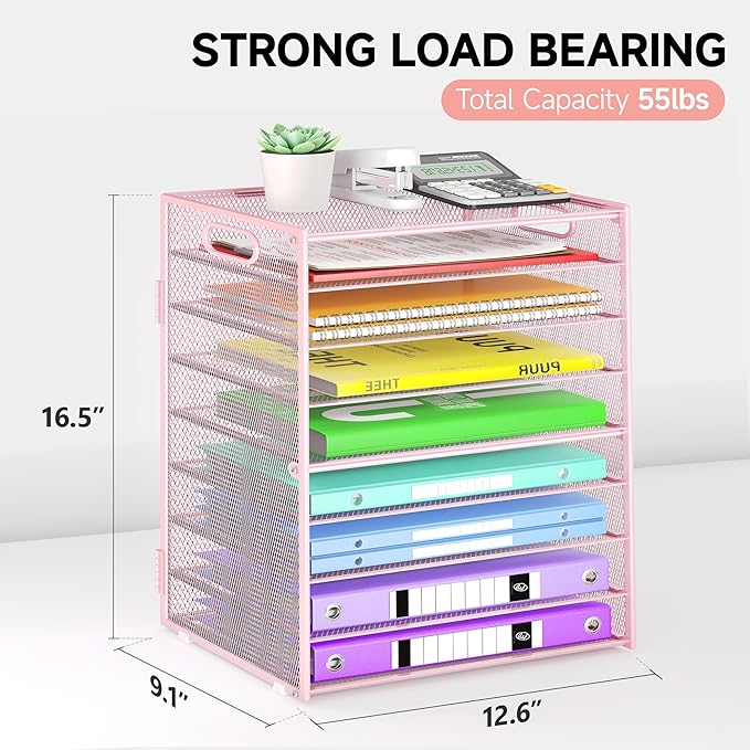 9 Tier Paper Organizer with Handle, Large Capacity Desk Organizer Mesh File Folder Letter Paper Tray Desktop Document Sorter for Classroom, School, and Office Accessories Organization- Pink