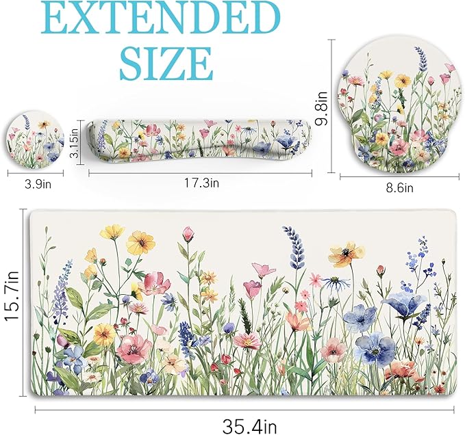 Flower Mouse Pad Set Large Desk Matt for Desktop, Ergonomic Mouse Pad with Wrist Rest, Gaming Wrist Support Keyboard Mat Cup Coaster Set Cute Office Desk Decor Accessories