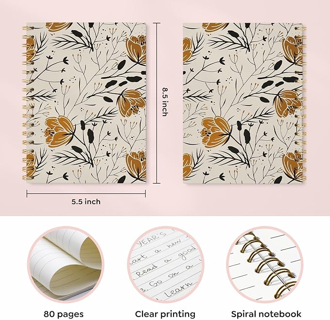 Boho Floral Botanical Journal Notebooks, Gold and Black Flower College Ruled Notebooks for Note Taking, Wildflower Journal Journaling, Spiral Notebook 5.5x8.3
