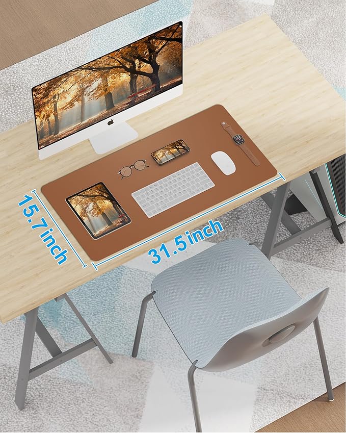 Leather Desk Pad Blotter,Mouse Pad,Office Desk Mat, Non-Slip PU Leather Desk mat,Large Desk mat,Waterproof Keyboard mat for Office/Home/Decor (Brown,31.5" x 15.7")