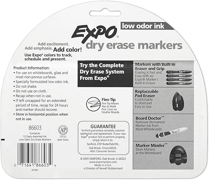 EXPO Low Odor Dry Erase Markers Fine Tip Assorted Colors 12 Count