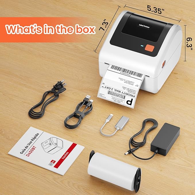 Bluetooth Thermal Shipping Label Printer - D450BT Thermal Label Printer 4x6 for Small Business & Shipping Packages, Compatible with iPhone, Android, iPad, Windows, macOS, USPS, Amazon, Tiktok