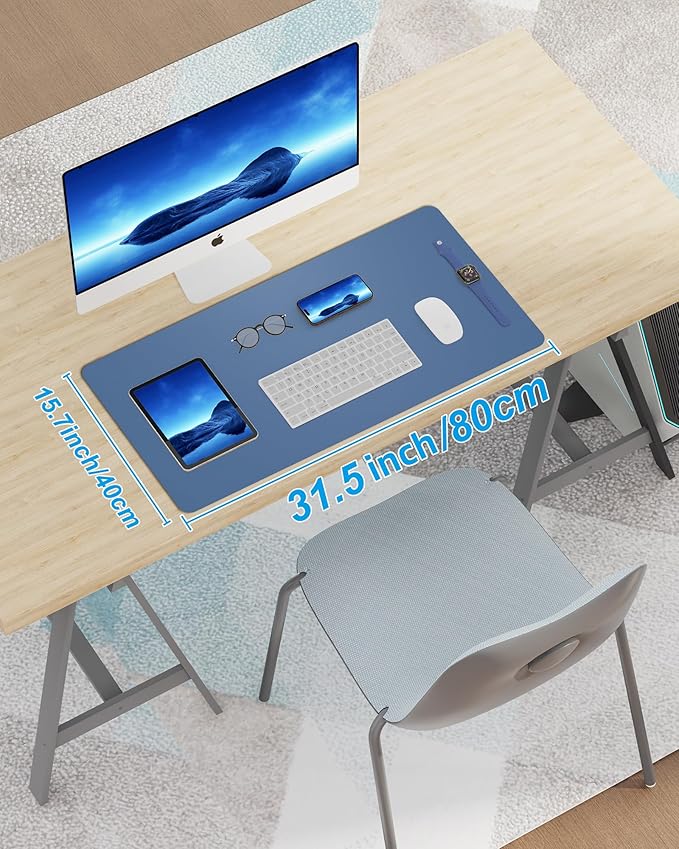 Leather Desk Pad Blotter,Mouse Pad,Office Desk Mat, Non-Slip PU Leather Desk mat,Large Desk mat,Waterproof Keyboard mat for Office/Home/Decor (Grey Blue,31.5" x 15.7")