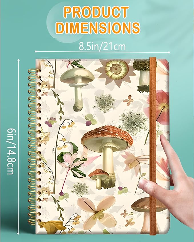 Ruled Spiral Writing Notebook,A5 Hardcover Lined College Journal for Women,Strong Twin-Wire Binding with Premium Paper,8.4" X 6",Perfect for School,Office,Home(Mushroom Garden)