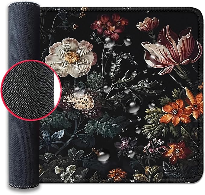 Vintage Aesthetic Mouse Pad,Extended Flower Plant Black Mousepad Desk Pad with Stitched Edges,Non-Slip Waterproof Rubber Base Mouse Mat for Office Computer Keyboard Laptop Home(27.5x11.8 in)