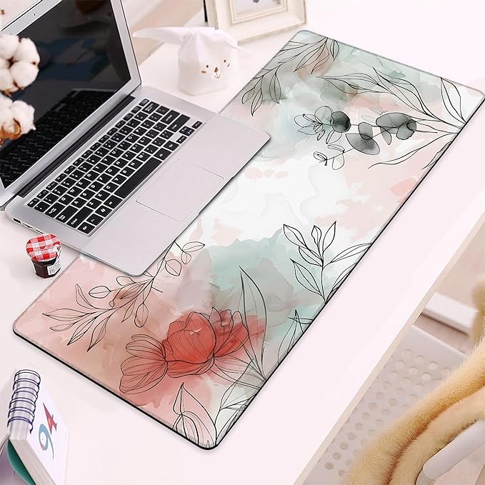 Gaming Mouse Pad, Colorful Abstract Boho Flower Leaves Large Desk Mat for Keyboard and Mouse,Non-Slip Rubber Base and Stitched Edges Desk Pad for Home Office 35.4x15.7in