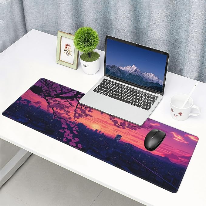 Sakura City Sunset Large Mouse Pad, Anime Style Gaming Desk Mat, XL Keyboard Desk Pad Mat for Desktop, 31.5"x11.8" Non-Slip Base Big Mousepad with Stitched Edges